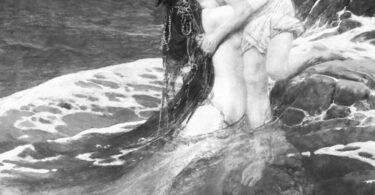 A siren figure comes up from the sea to hug another figure who sits on a rock.