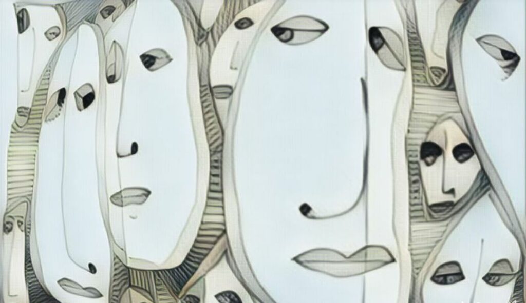 Surrealist painting with many elongated faces with eyes looking sideways .