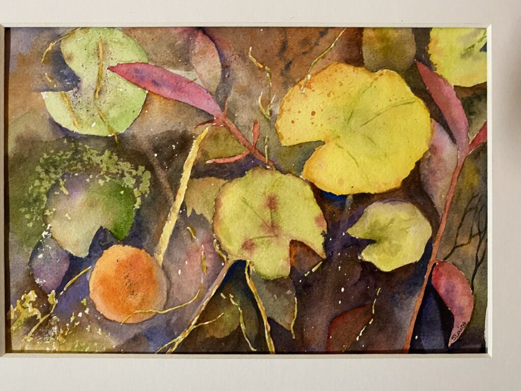 painting of a variety of pond folliage and autumn leaves floating on water and just below the surface