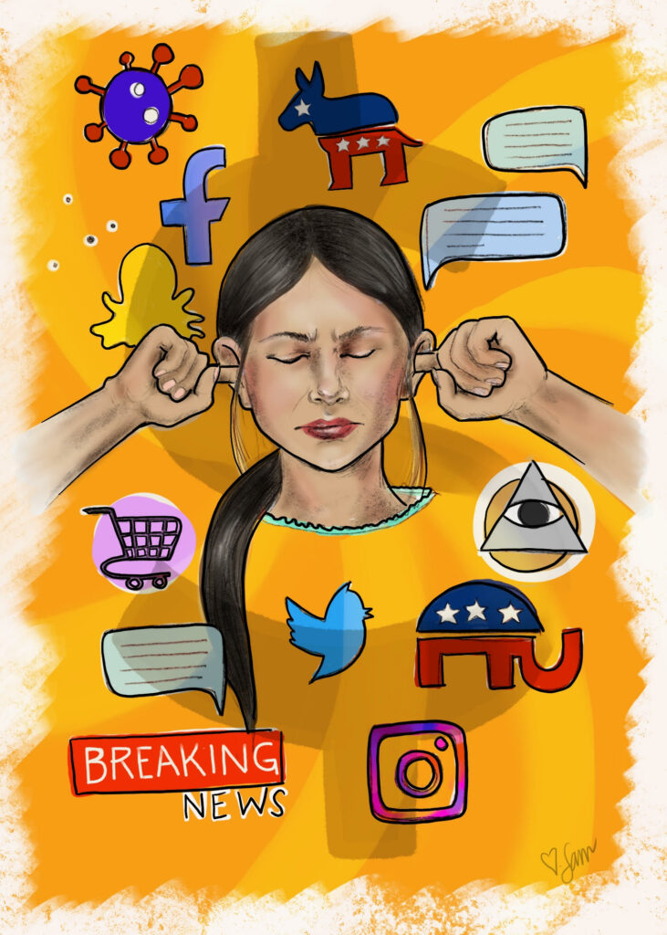 a dark haired woman with her fingers in her ears currounded by symbols and logos found on the internet, all on a yellow bakground.