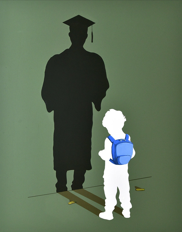 white outline of a child wearing a blue backpack, casting a shadow of a man in a graduation gown and cap,  