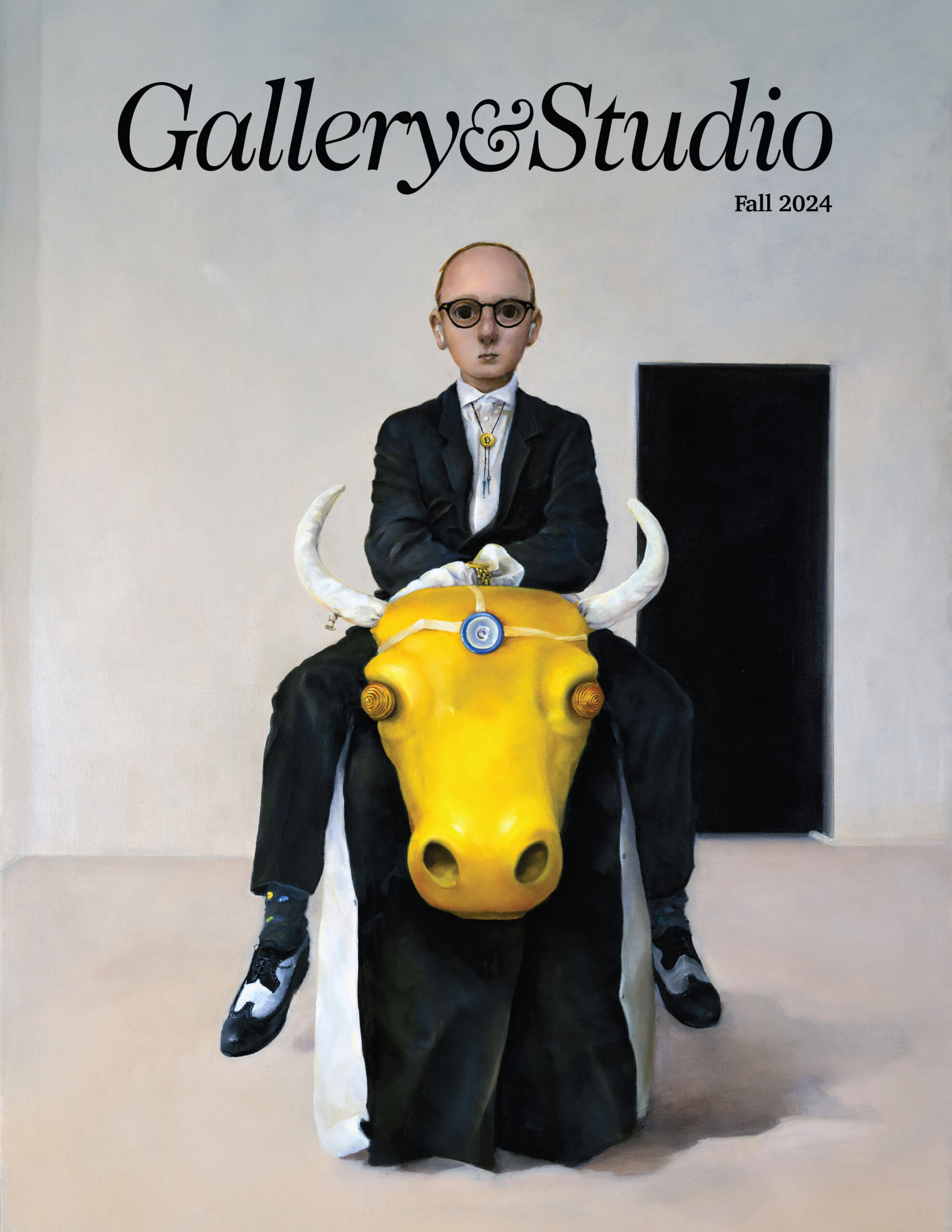 Fall 2024 Gallery&Studio Magazine Cover. It is a painting of a man in a suit riding a golden headed bull in a room. There is a dark doorway in the right background.