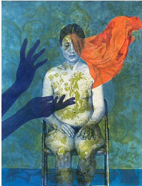 Painting of a woman naked on a seat, overlayed with 2 shadowy hands, a red scarf, hiding her left eye.  The whole image is overlaid with green imagery of plants and people